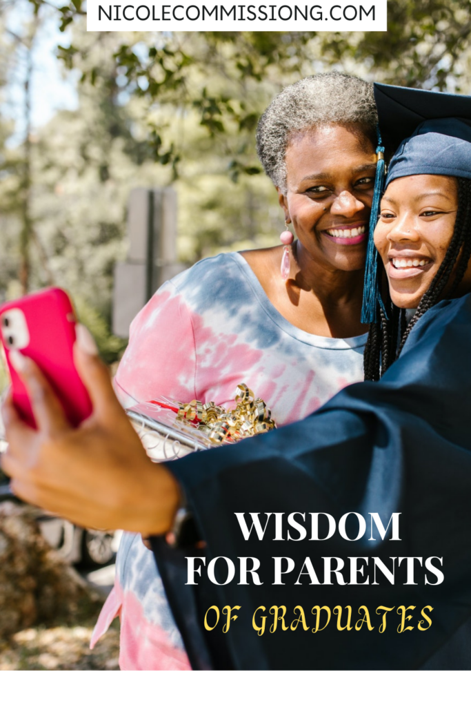 pinterest graphic of mom with daugher in cap and gown taking selfie