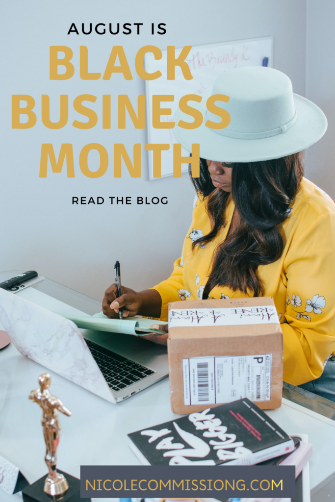 graphic featuring a woman in yellow blouse & white hat filling out orders as part of a Black Business Month article on Nicole Commissiong.com